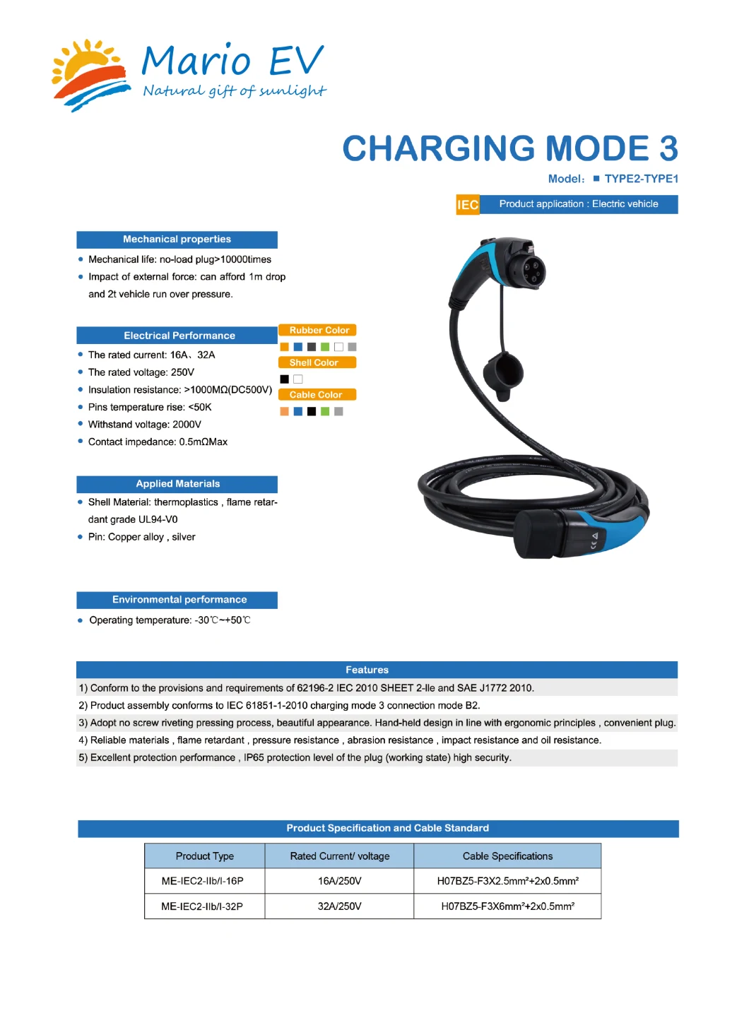 Mode3 Type1 to Type2 Type2 32A 250V EV Charging Cable Wall Power Socket Cheap EV AC Charging Adapter
